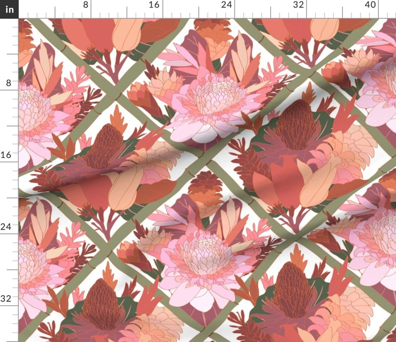 Pink Botanical Lattice Chinoiserie Trellis Boho Hawaiian Floral Tropical Mauve Large Scale Custom Printed Fabric by Spoonflower Various Fabrics by the Yard or Fat Quarter